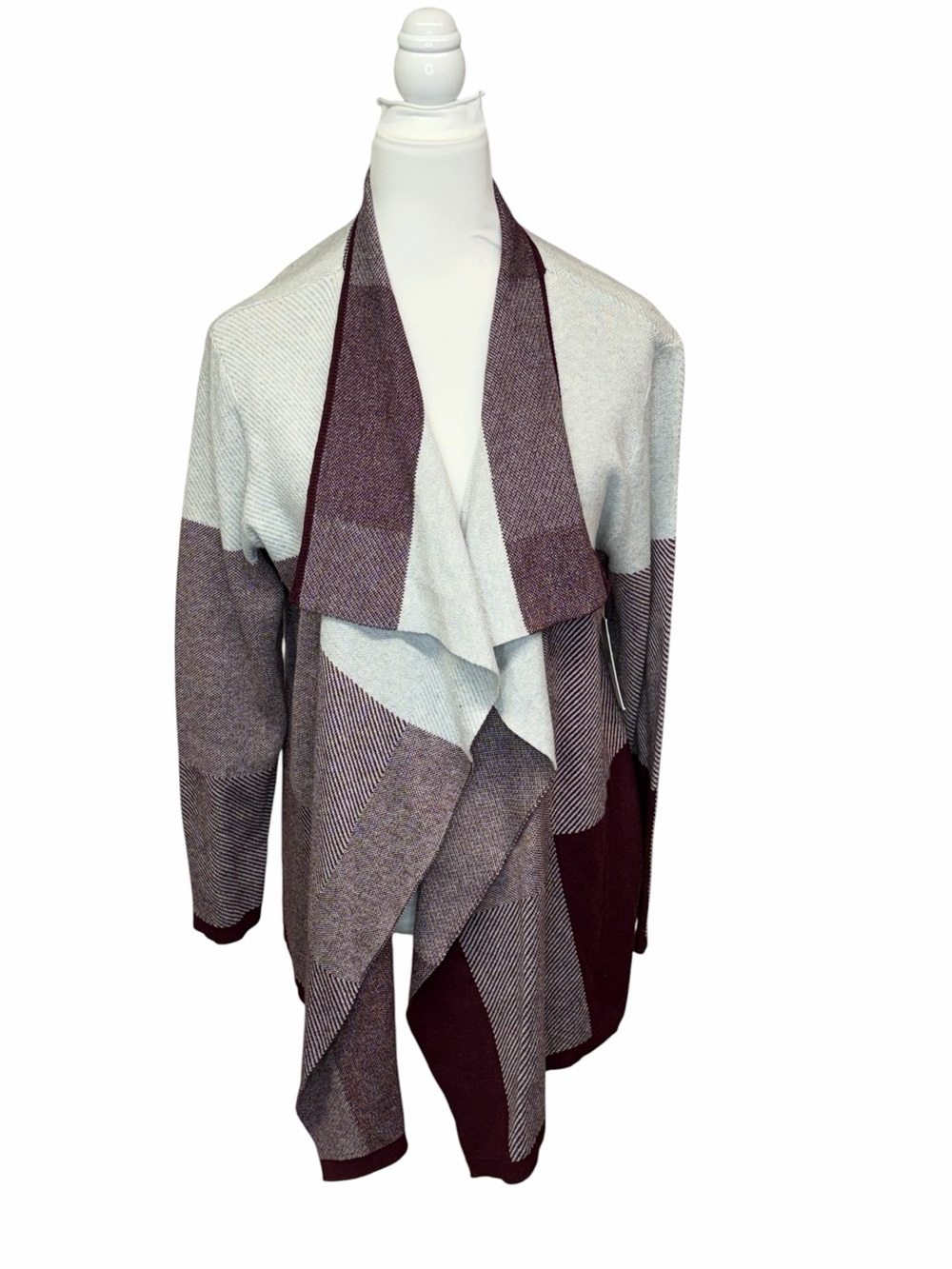 Chaus Open-Front Colorblock Cardigan Sweater - Burgundy/Light Gray